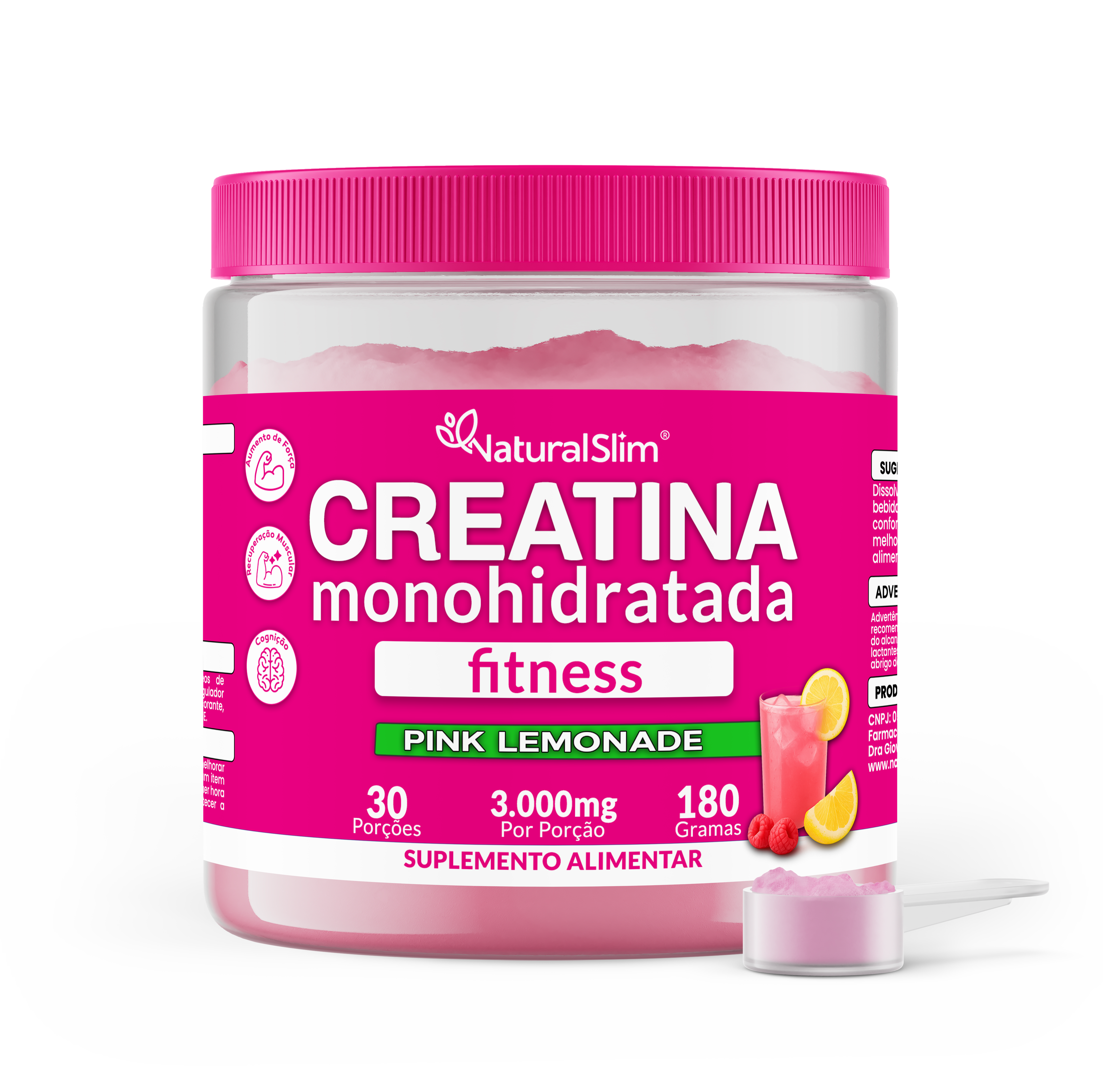 Creatina Monohidratada 100% Pura Sabor Pink Lemonade 180 Gramas | Natural Slim
